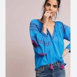 Anthro Maeve Blue & Pink Runaway Boho Southwestern Embroidered Peasant Top XS